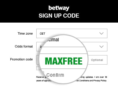 Screenshot of the Betway Sign up code field MAXFREE code