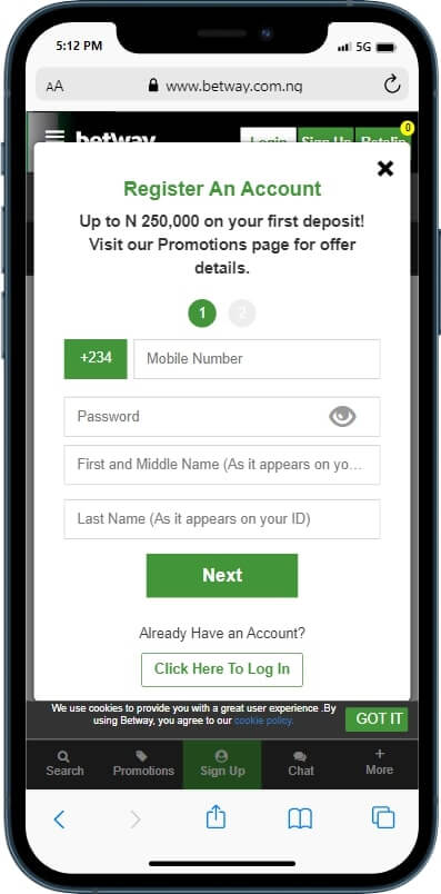 Betway Register an Account on your Mobile
