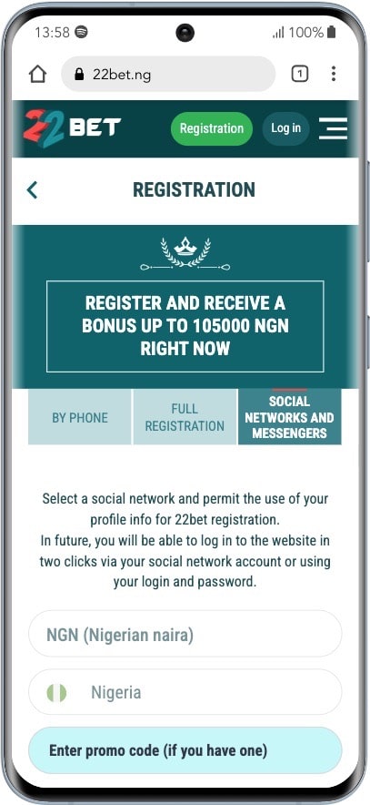 22Bet Social Networks Registration