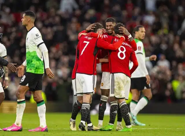 Manchester United s Marcus Rashford celebrates with team-mates after the FA Cup Quarter-Final match