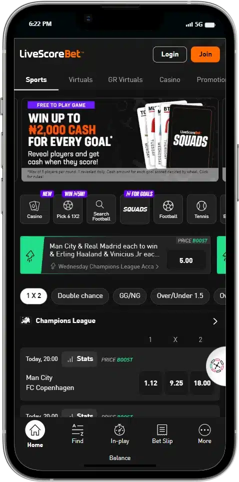 LiveScore Bet iOS Home Page