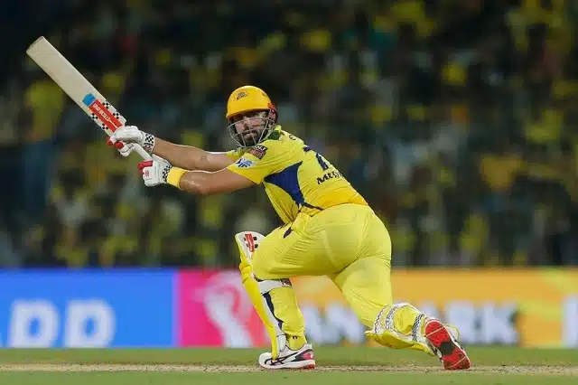 Chennai Super Kings' Daryl Mitchell plays a shot during the Indian Premier League cricket match