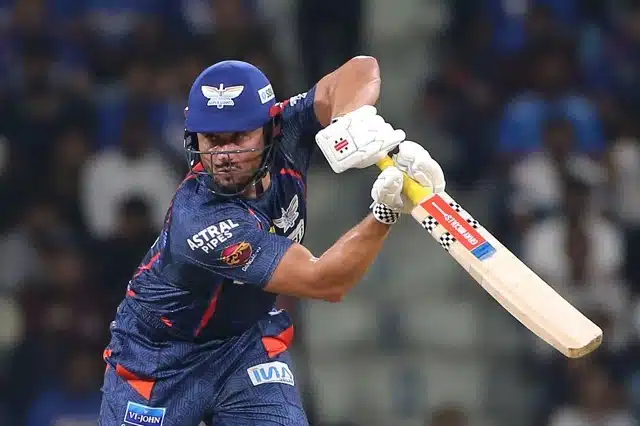 Lucknow Super Giants' Marcus Stoinis plays a shot during the Indian Premier League