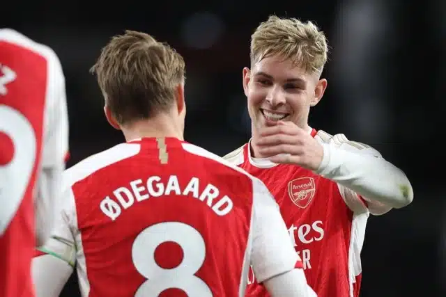 Emile Smith Rowe of Arsenal celebrates Martin Odegaard s goal during the Premier League match