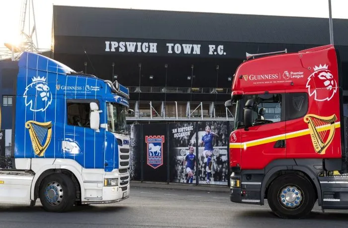 Two customised Guinness tankers outside Portman Road Stadium ahead of Ipswich Town vs Liverpool