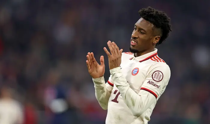 Kingsley Coman of Bayern Muenchen reacts during the UEFA Champions League 2024/25