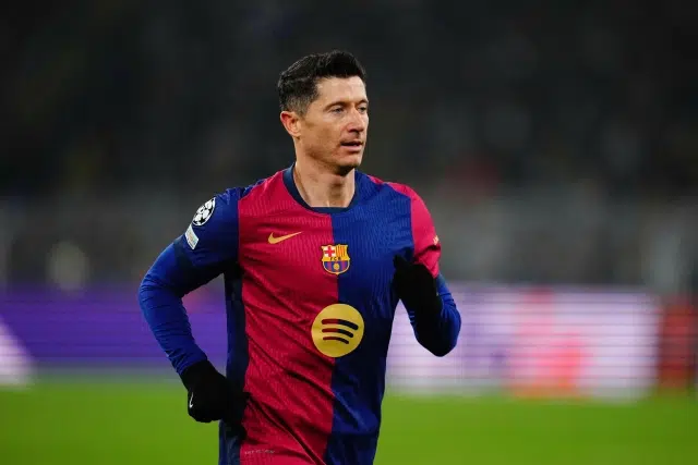 Robert Lewandowski of FC Barcelona looks on during a Champions League Round 6 game