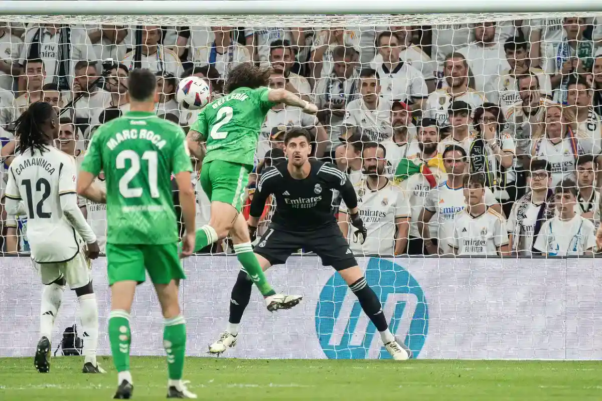 Thibaut Courtois of Real Madrid in action saving the ball during the La Liga match between Real Madrid and Betis at Santiago Bernabeu Stadium