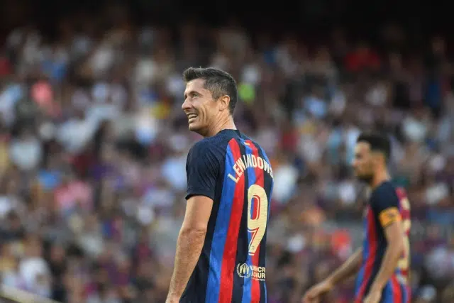 Robert Lewandowski of FC Barcelona looks on during La Liga match