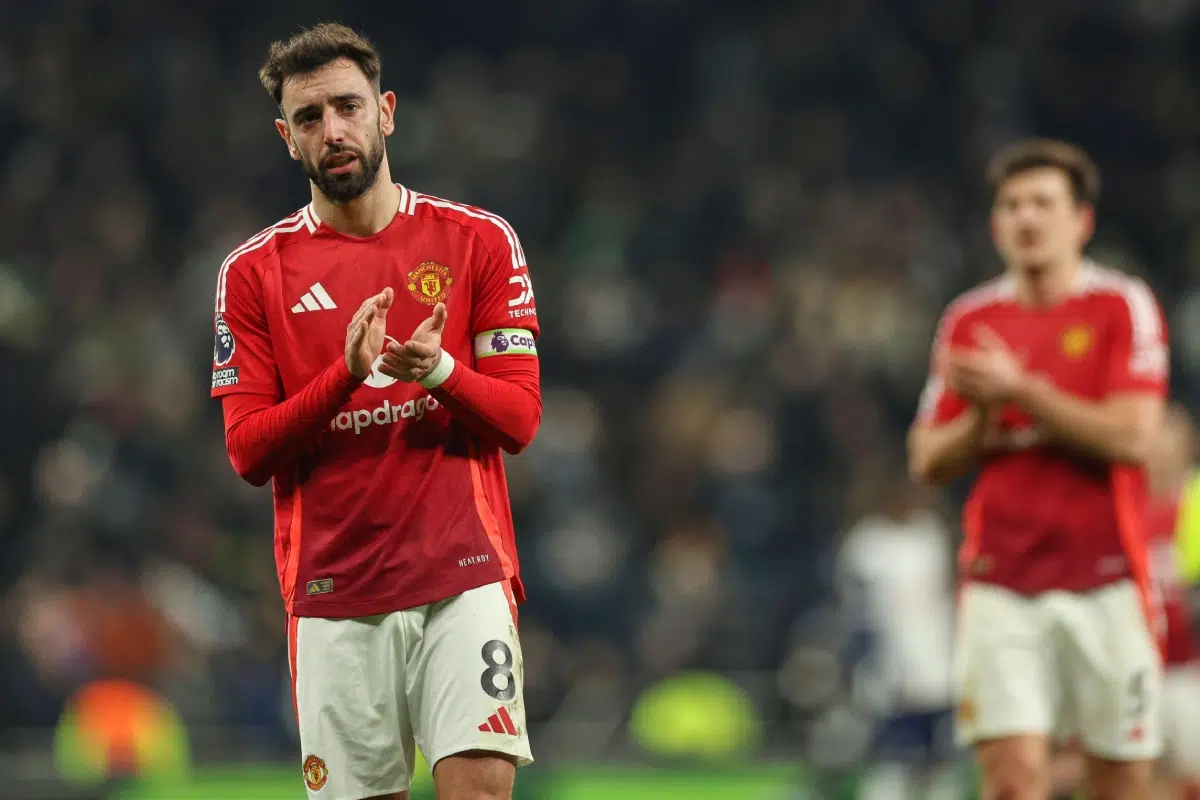 Manchester United's Bruno Fernandes applauds the crowd after the English Premier League soccer match