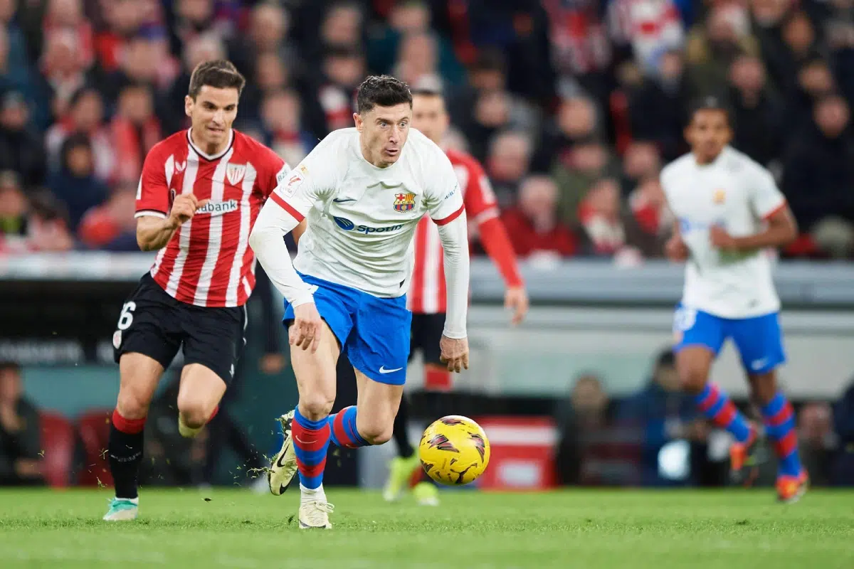 La Liga soccer match Athletic Club vs FC Barcelona at San Mames stadium in Bilbao; 03 March 2024; Lewandowski