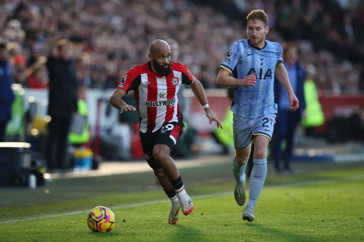 Bryan Mbeumo of Brentford in action during the Premier League match between Brentford FC and Tottenham Hotspur FC