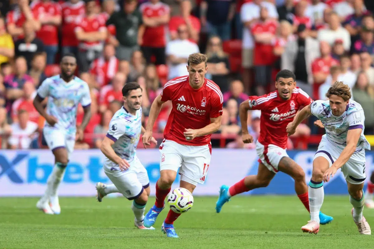 Chris Wood in action during the Premier League match between Nottingham Forest and Bournemouth at the City Ground.