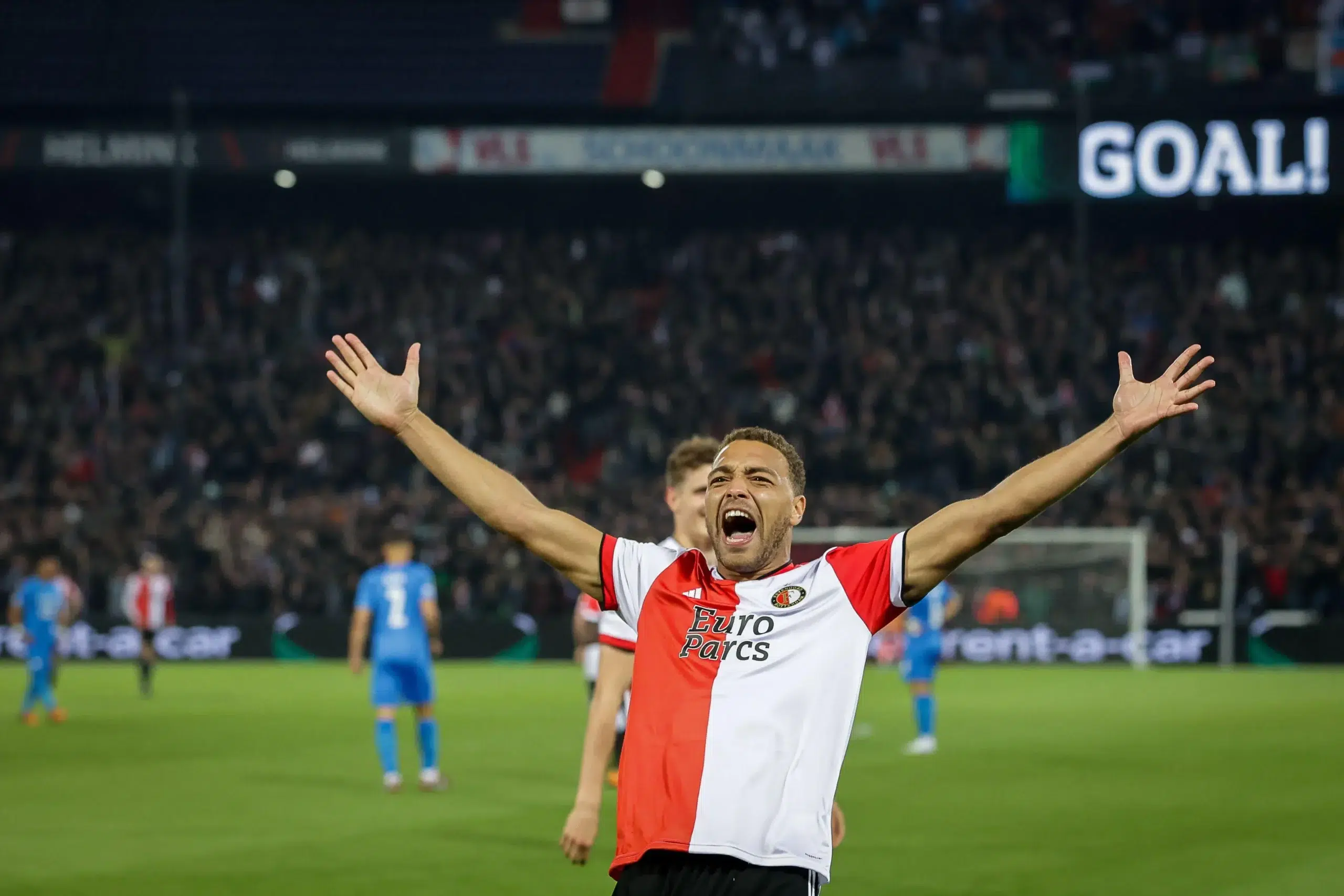 Cyriel Dessers of Feyenoord scores 3-2 during the UEFA Europa Conference League match