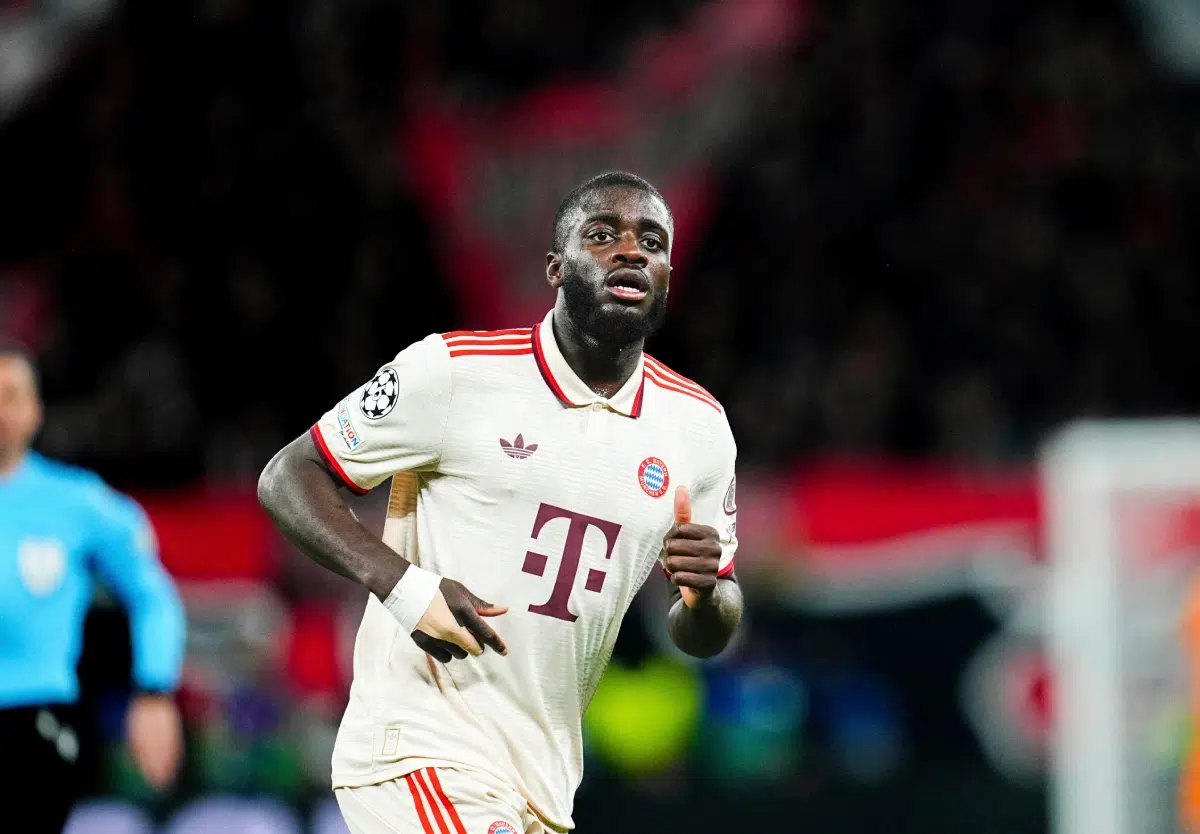Dayot Upamecano of Bayern Munich looks on during a Champions League Round of 16 game, Bayer 04 Leverkusen vs Bayern Munich, at Bay Arena, Leverkusen, Germany