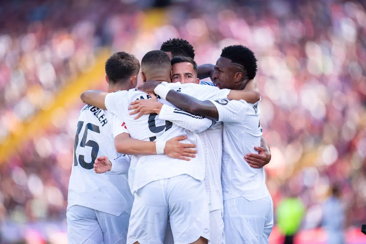 Players of Real Madrid celebrate a goal during the LaLiga football match between FC Barcelona and Real Madrid in Lluis Companys Olympic Stadium