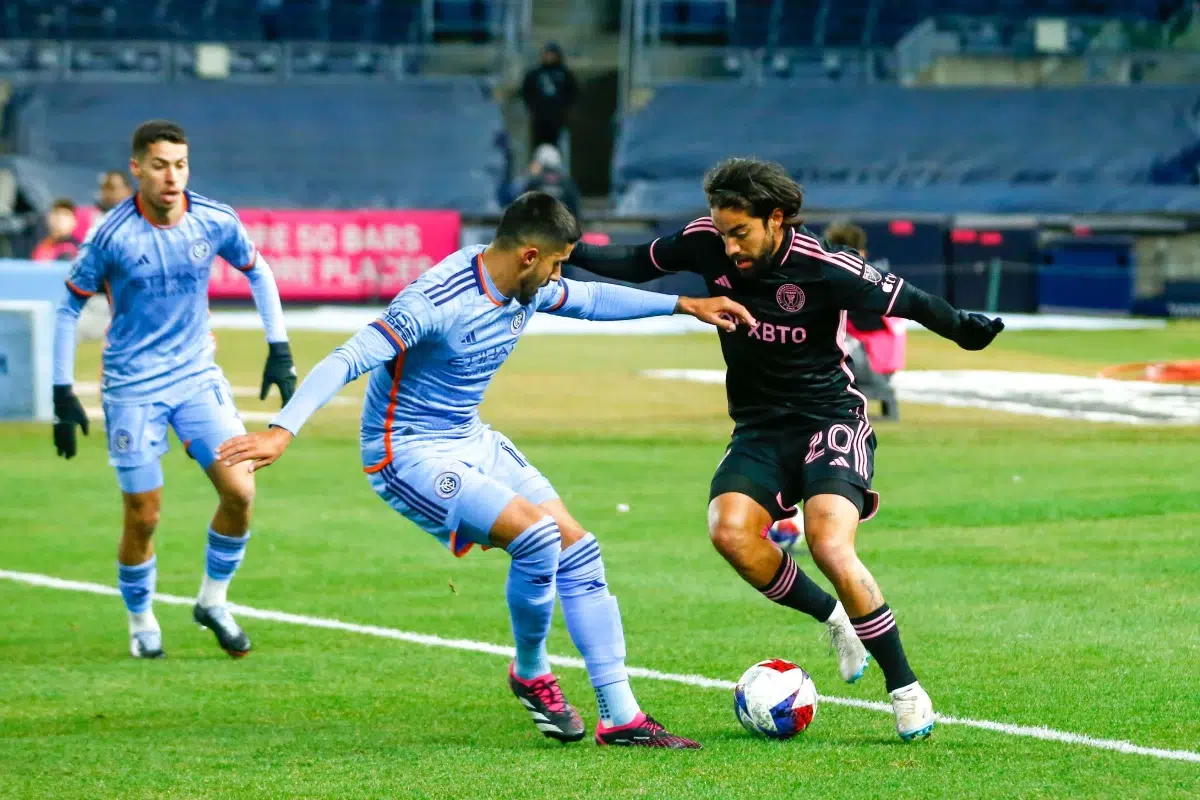 Thiago Martins of New York FC and Rodolfo Pizarro of Inter Miami, Major League Soccer (MLS) at Yankee Stadium in New York