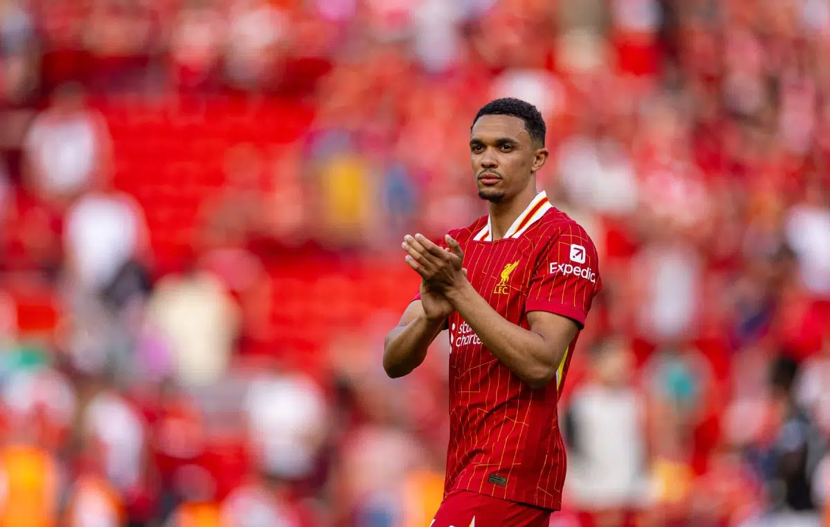Liverpool's Trent Alexander-Arnold applauds the supporters after the English Premier League match between Liverpool FC and Arsenal FC in Liverpool