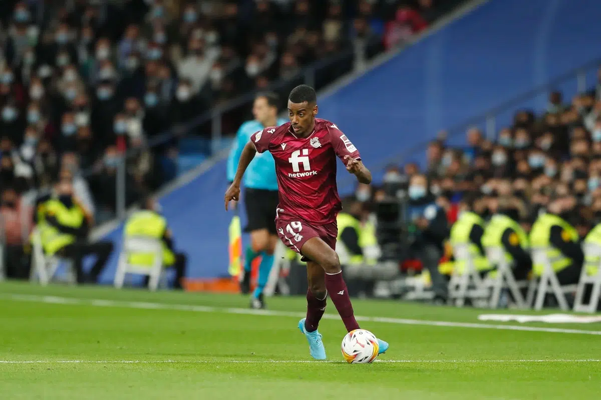Alexander Isak in action during the La Liga match between Real Madrid and Real Sociedad.