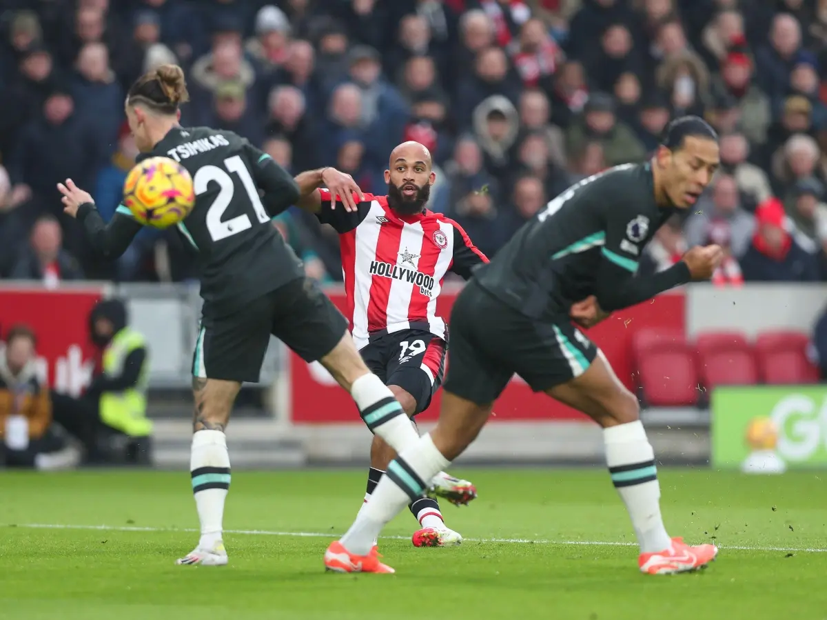 Bryan Mbeumo of Brentford FC takes a shot during the Brentford FC v Liverpool FC English Premier League match, 2025