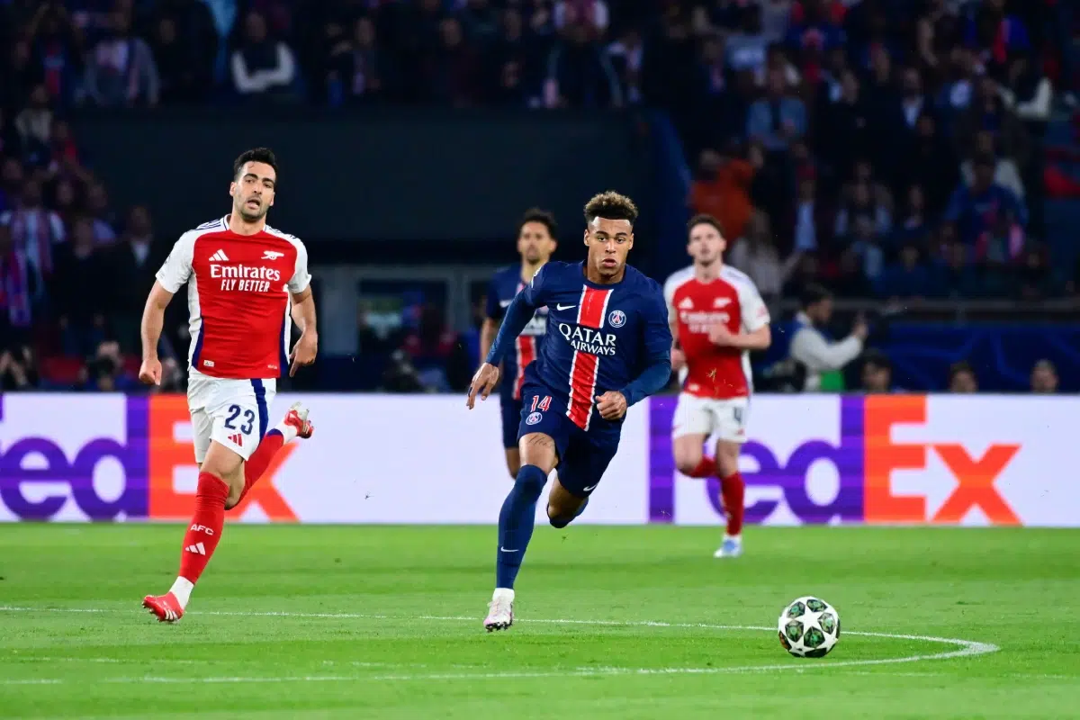 Desire Doue breaks forward on the ball during the UEFA Champions League match between Paris Saint Germain and Arsenal FC.