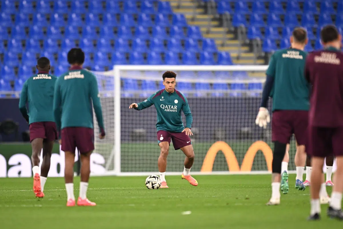 Desire DOUE during PSG and Monaco training session at Stadium 974.