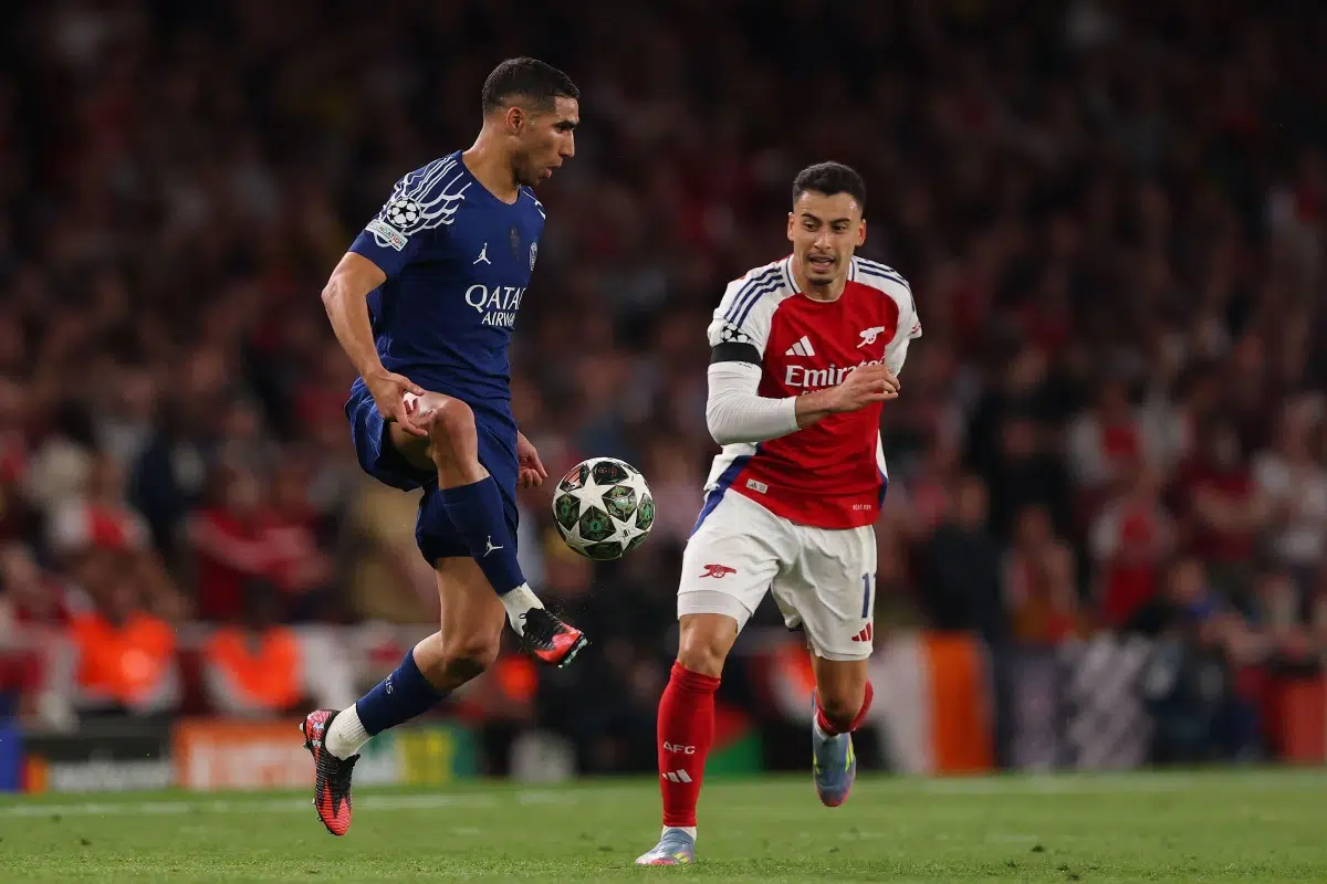 Achraf Hakimi of Paris Saint-Germain and Gabriel Martinelli of Arsenal - Arsenal v PSG, UEFA Champions League Semi Final