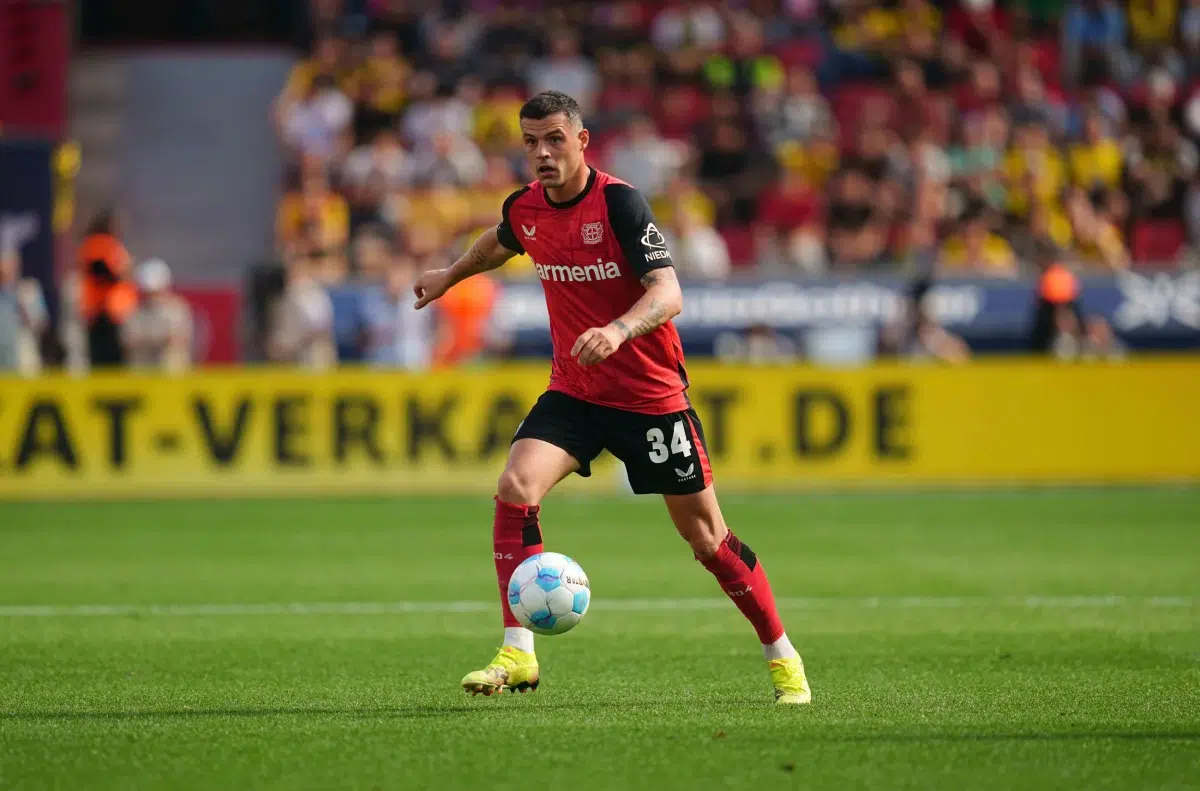 Granit Xhaka of Bayer Leverkusen controls the ball during a Bundesliga game