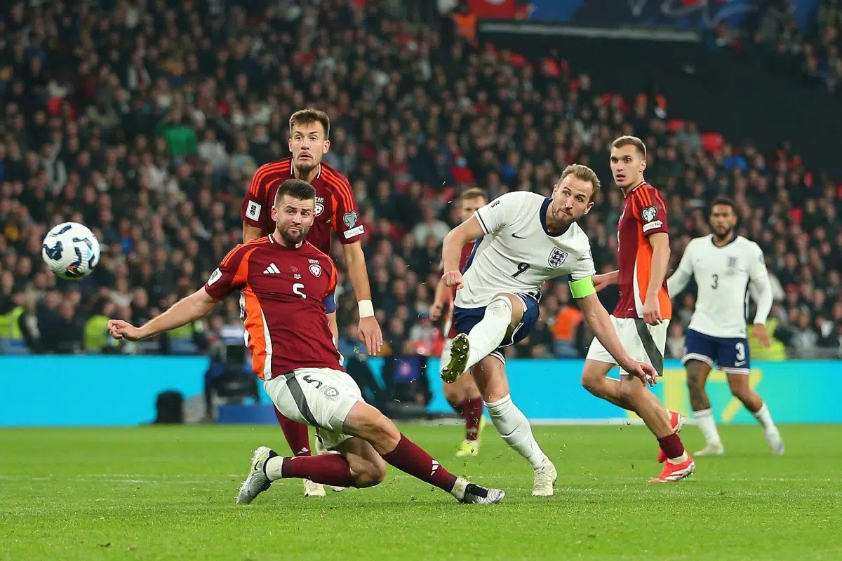 Harry Kane of England shoots during the England v Latvia UEFA World Cup Qualifier Group K match, March 2025