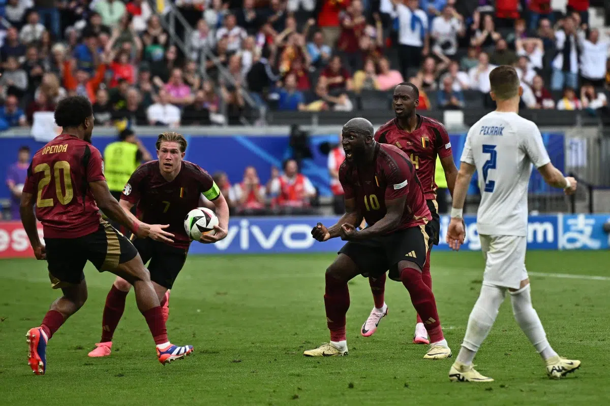 Romelu Lukaku of Belgium celebrate scoring a goal with Lois Openda and Kevin De Bruyne, June 2024