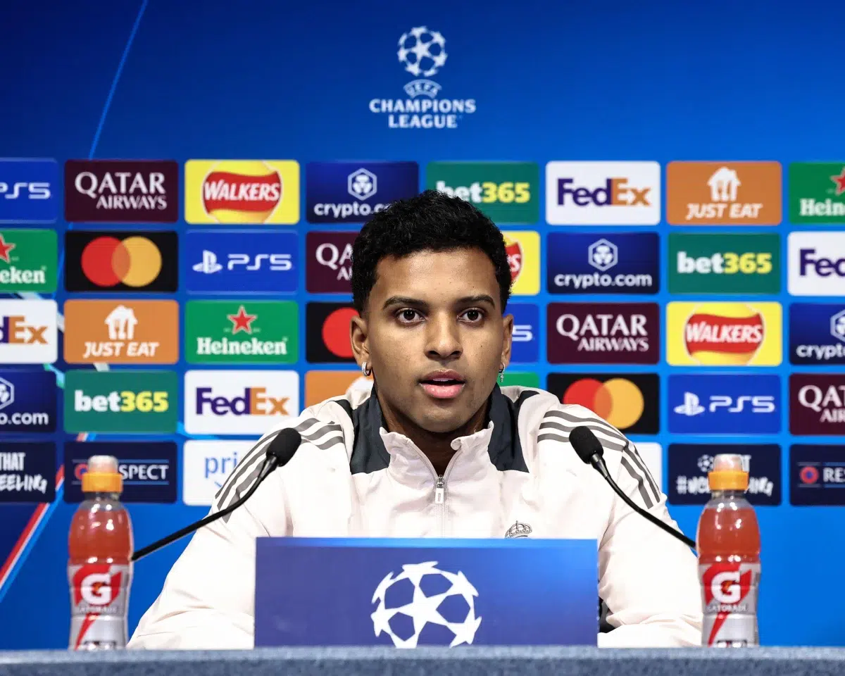 Rodrygo of Real Madrid speaks to the press during the UEFA Champions League Press Conference