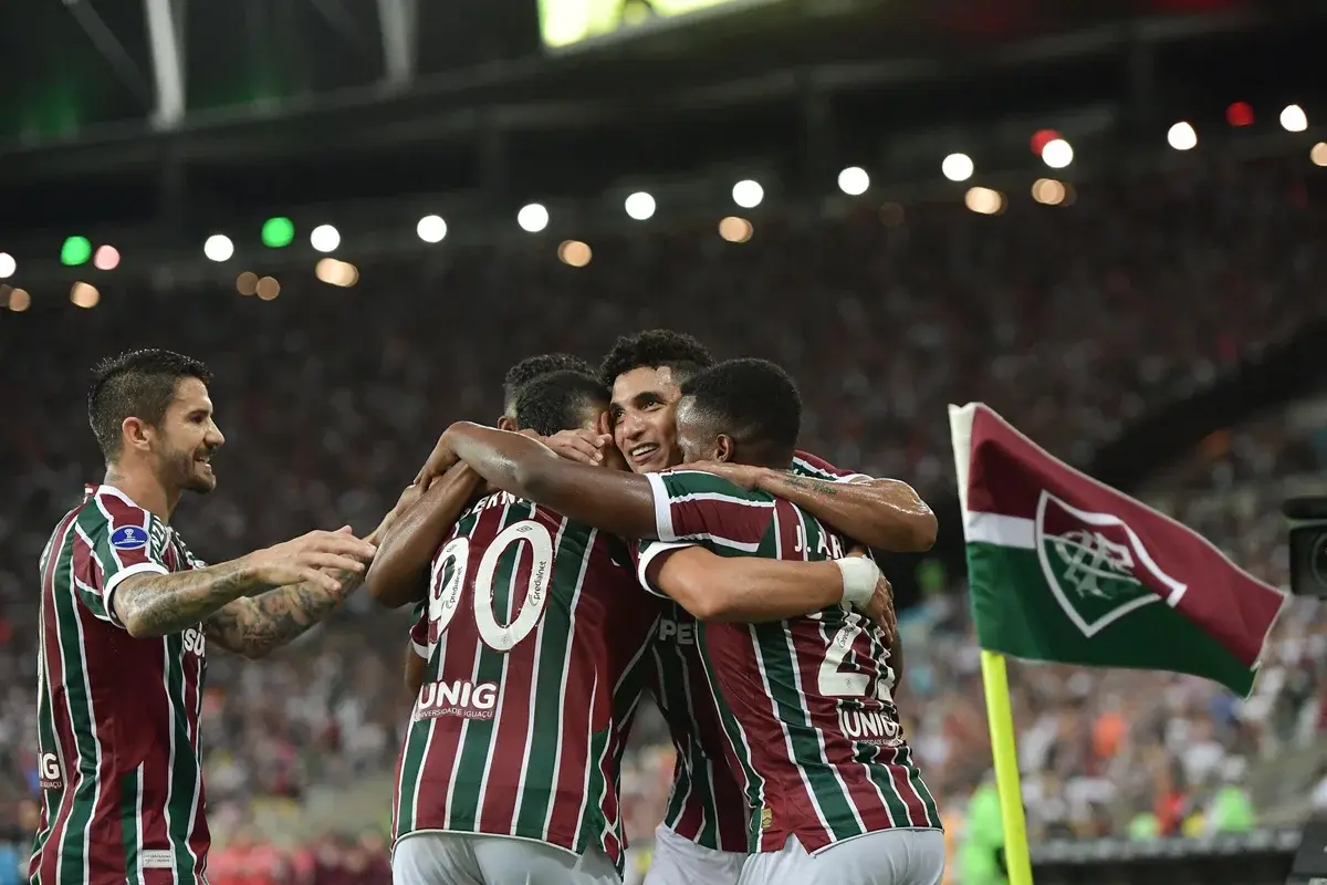 Serna, a Fluminense player, celebrates his goal during the match against Once Caldas at the Maracana stadium for the 2025 South American Cup championship