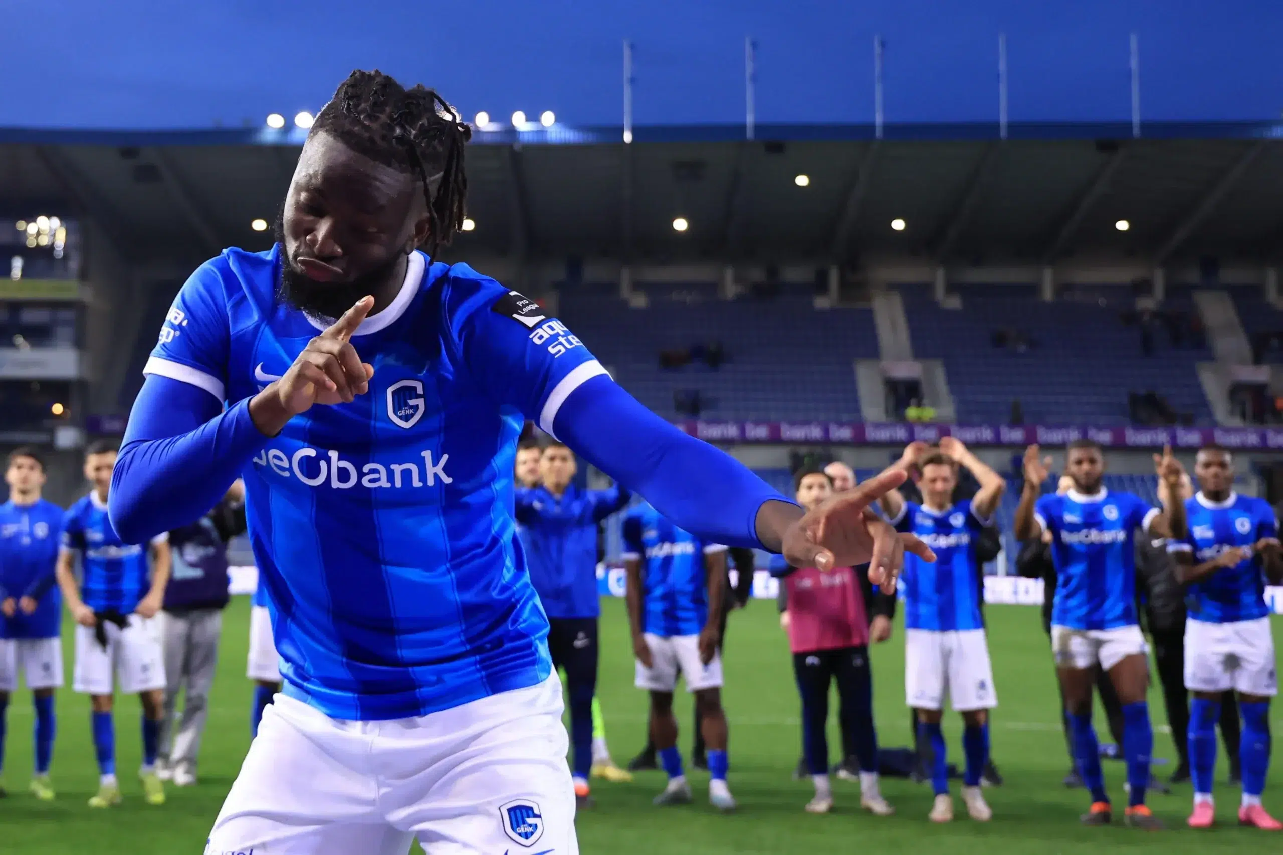 Tolu Arokodare of Genk celebrate after winning the game after the Jupiler Pro League