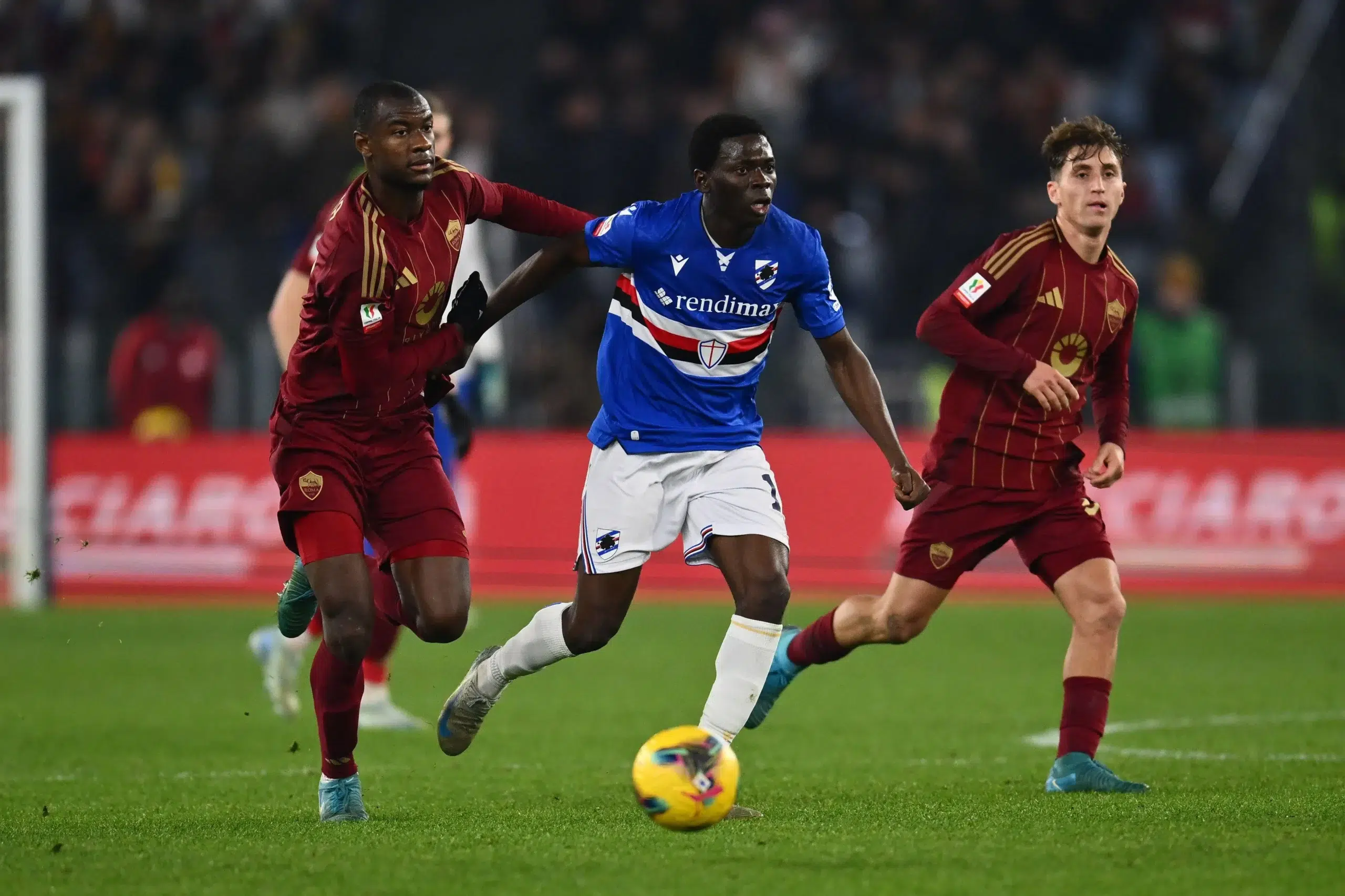 Evan Ndicka of A.S. Roma and Ebenezer Akinsanmiro of U.C. Sampdoria seen in action during the Frecciarossa Italian Cup round of 16