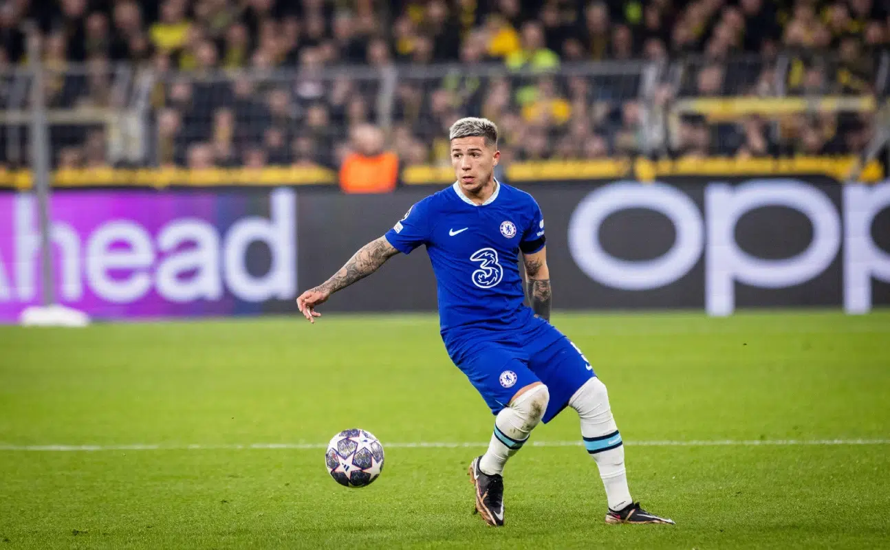 Enzo Fernandez in action during Borussia Dortmund - FC Chelsea in London.
