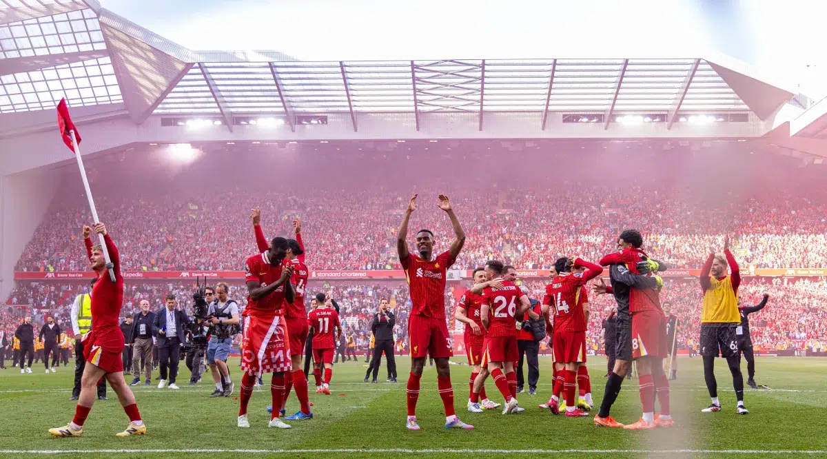 Liverpool players celebrate after the English Premier League match between Liverpool FC and Tottenham Hotspur FC, 2025