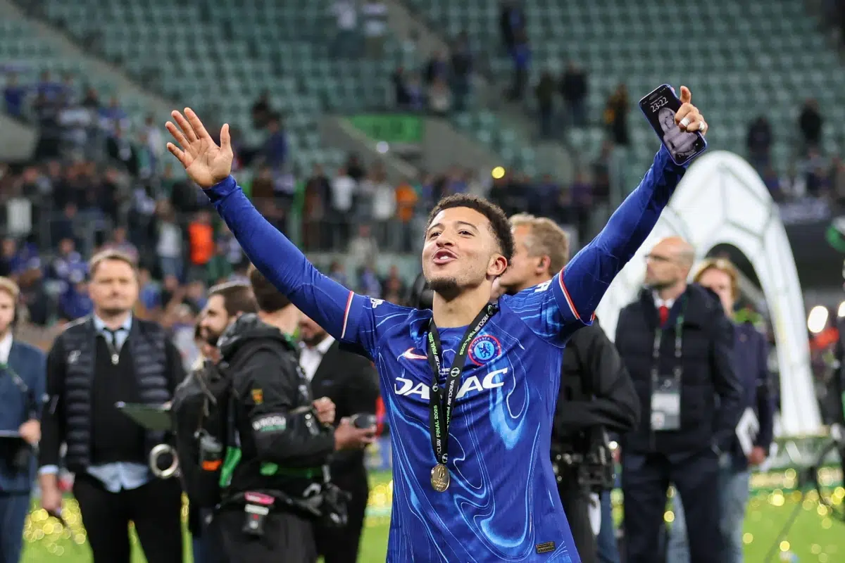 Jadon Sancho of Chelsea London seen celebrating during the ceremony after the UEFA Conference League Final 2025