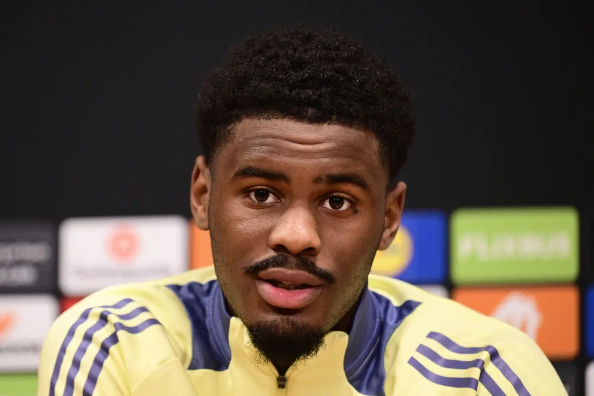 Jorrel Hato of Ajax during the MD-1 press conference ahead of the match against Galatasaray