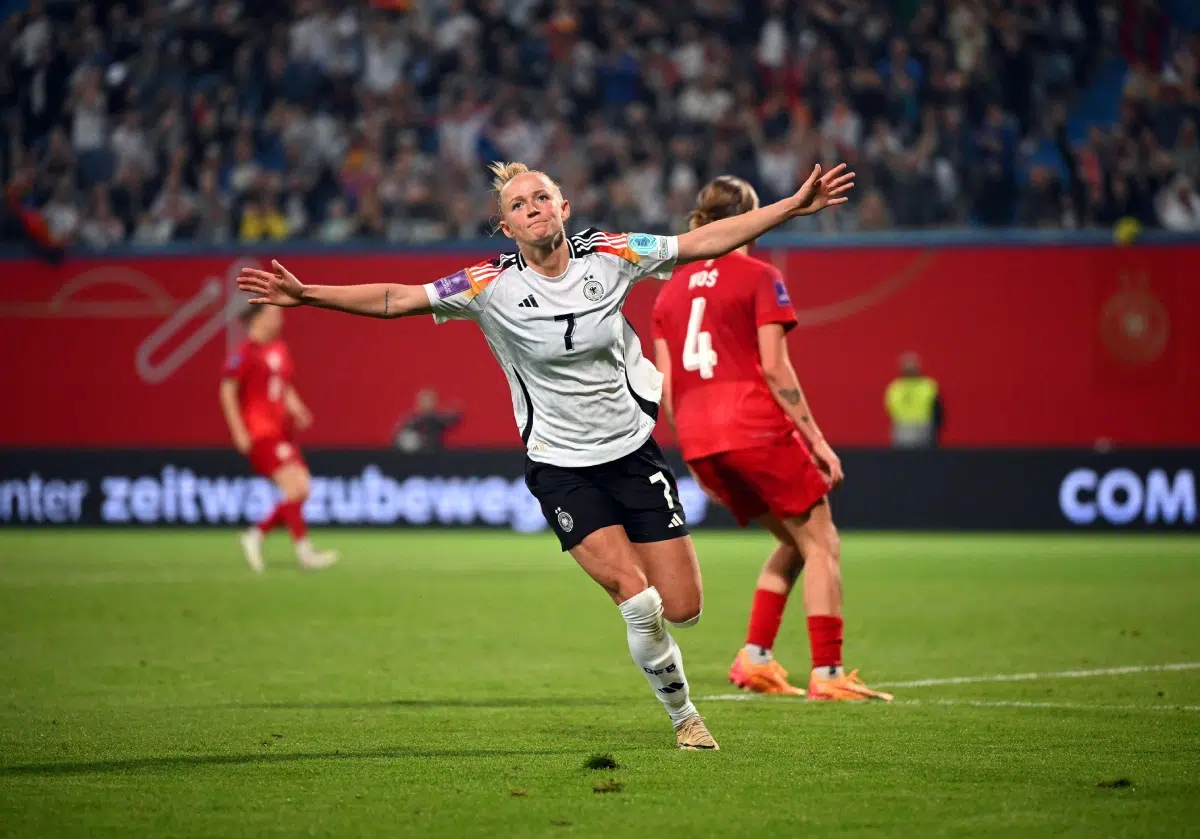 Germany's Lea Schüller celebrates after scoring during the Women Euro 2025 qualifier match