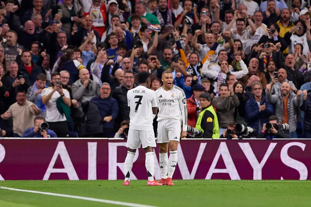 Kylian Mbappe and Vinicius Junior of Real Madrid CF celebrate a goal during the 2024/2025 UEFA Champions League