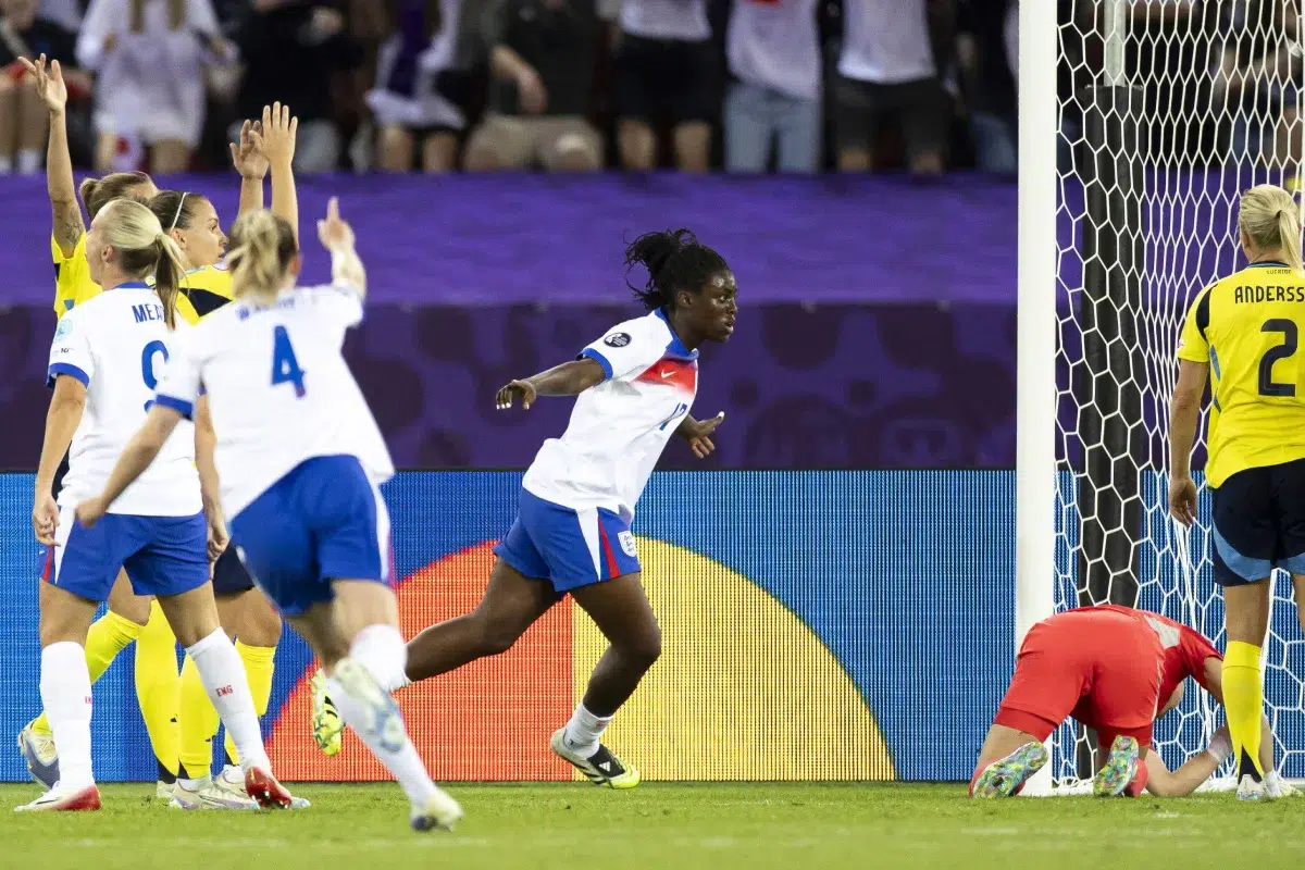 England's Michelle Agyemang celebrates after scoring their second goal during the Women's Euro 2025 quarterfinals