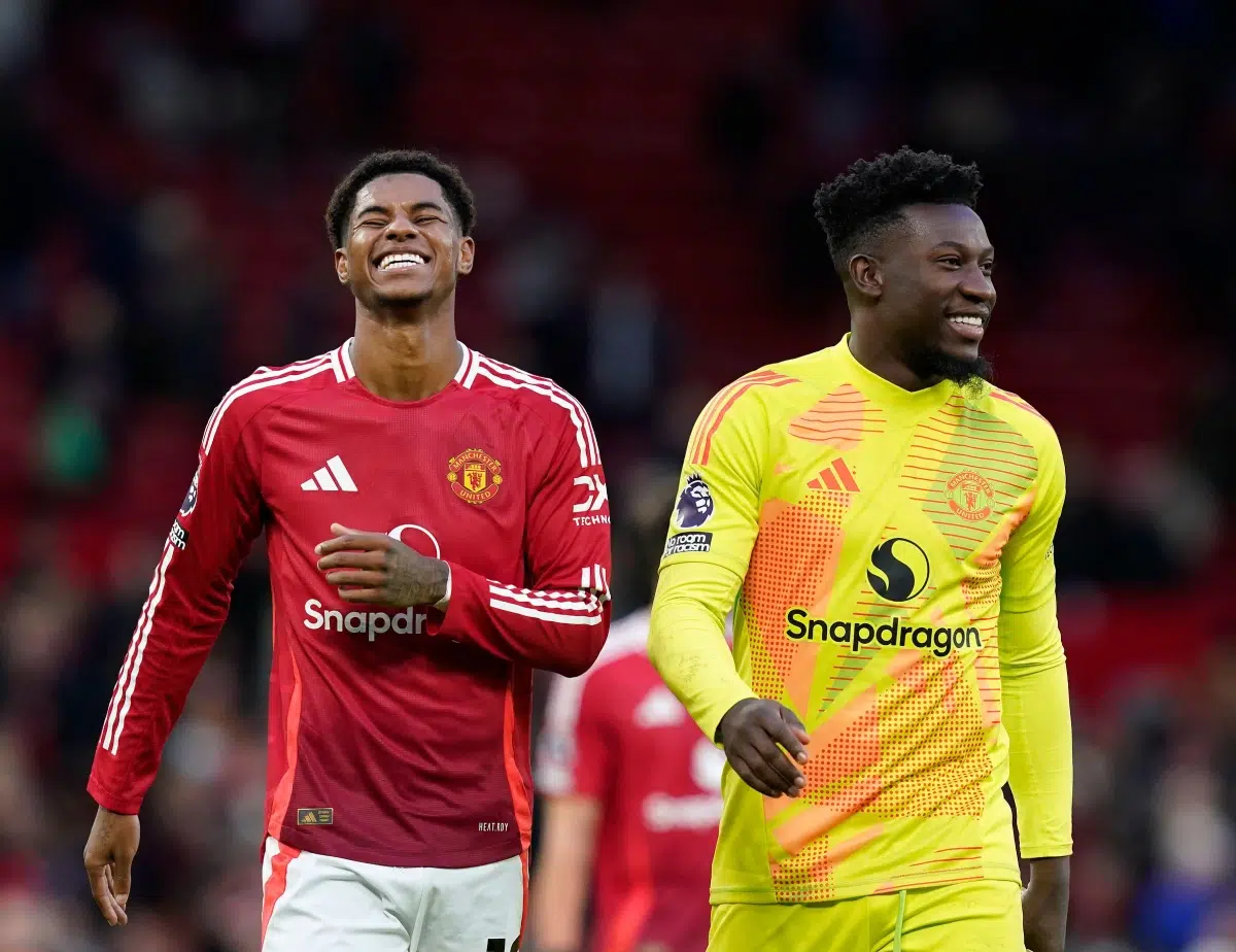 Manchester United's Marcus Rashford and Andre Onana celebrate during the Premier League match at Old Trafford. 2024