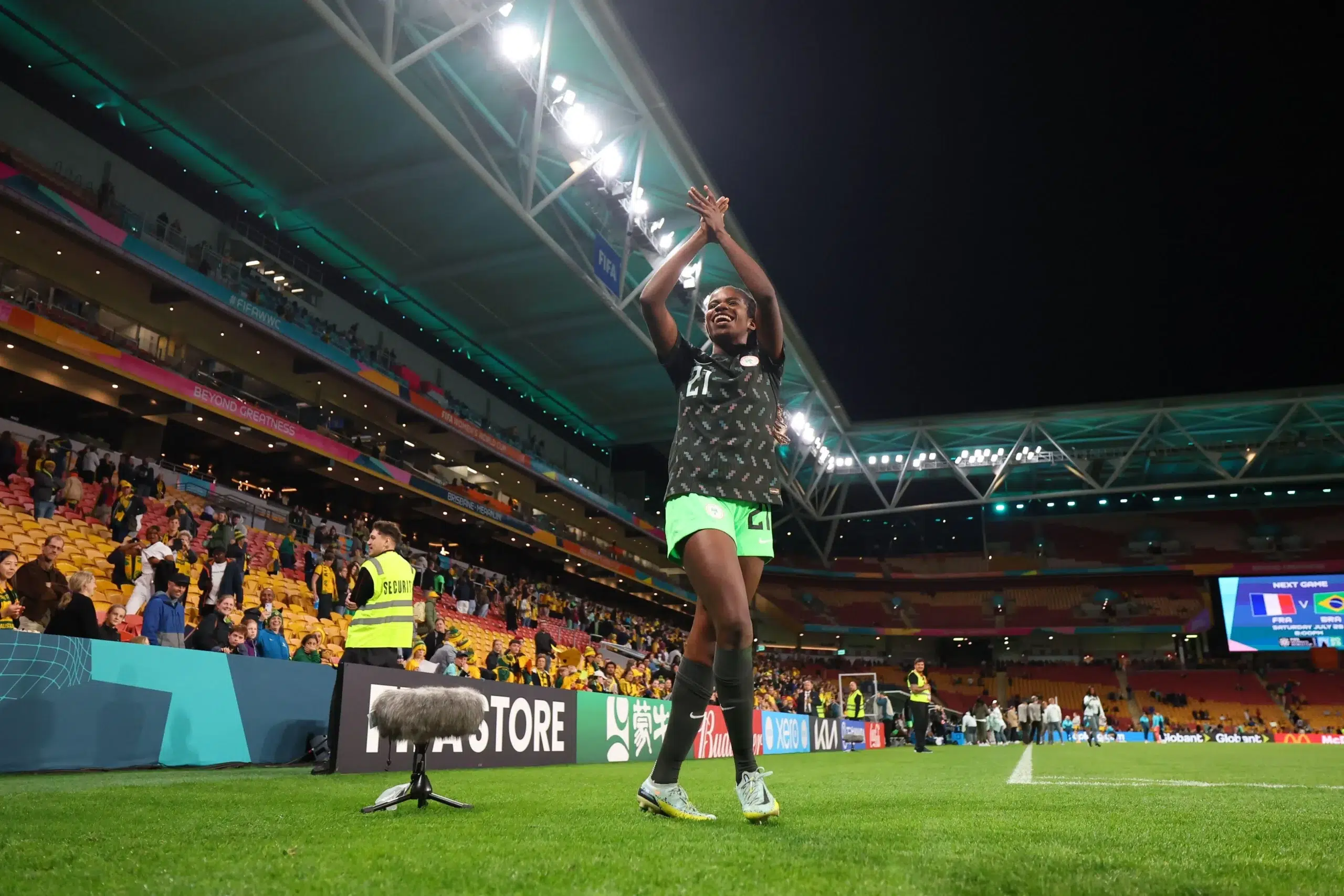 Esther Okoronkwo (21 Nigeria) celebrates after her team wins the FIFA Womens World Cup 2023 Group B football match between Australia and Nigeria