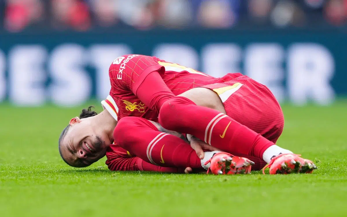 Liverpool's Darwin Nunez injured during the Emirates FA Cup third round match at Anfield, Liverpool