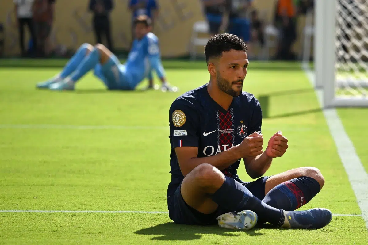 Goncalo Ramos of Paris Saint-Germain celebrates scoring his team's fourth goal during FIFA Club World Cup 2025 semi-final match