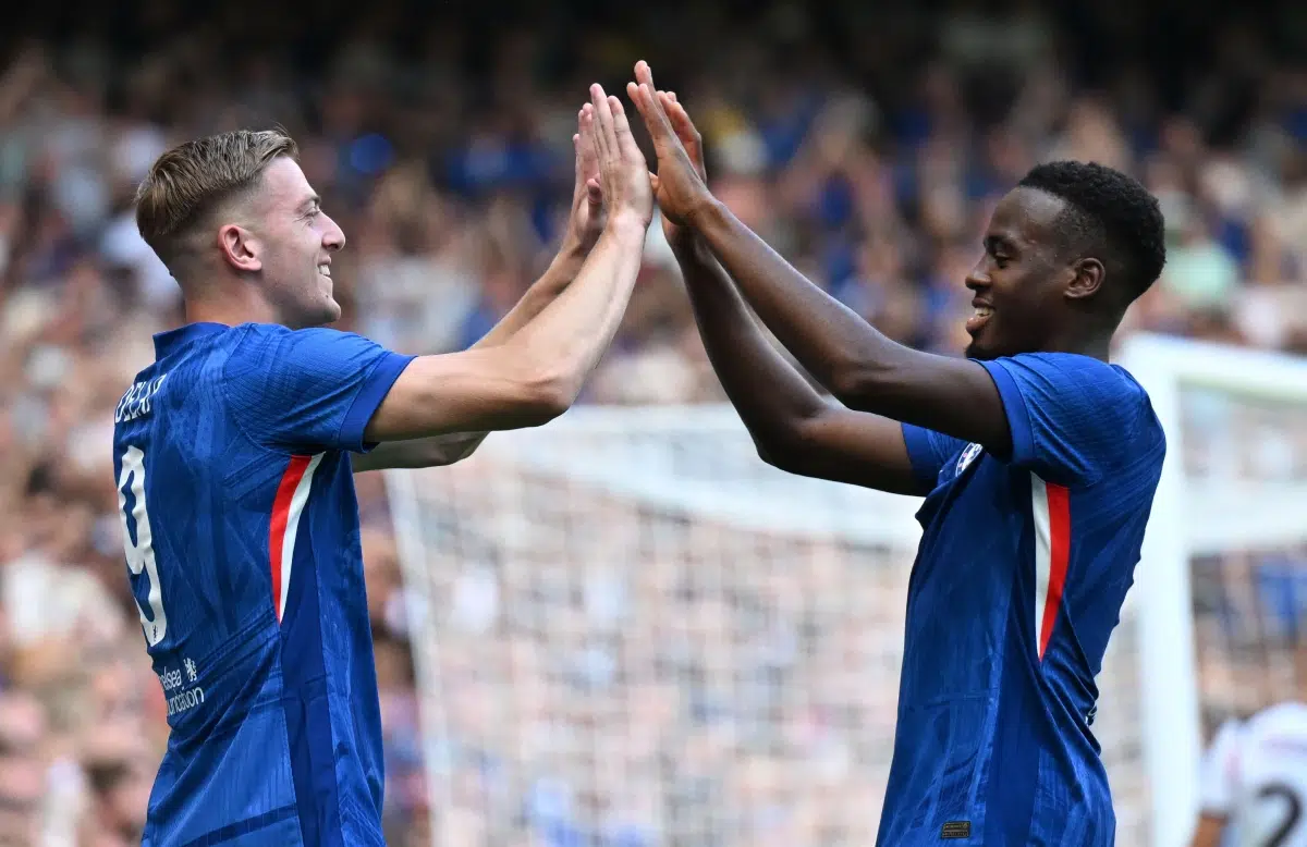 Pre Season Football Friendly, Chelsea versus AC Milan; Liam Delap of Chelsea celebrates with Jamie Gittens of Chelsea on scoring