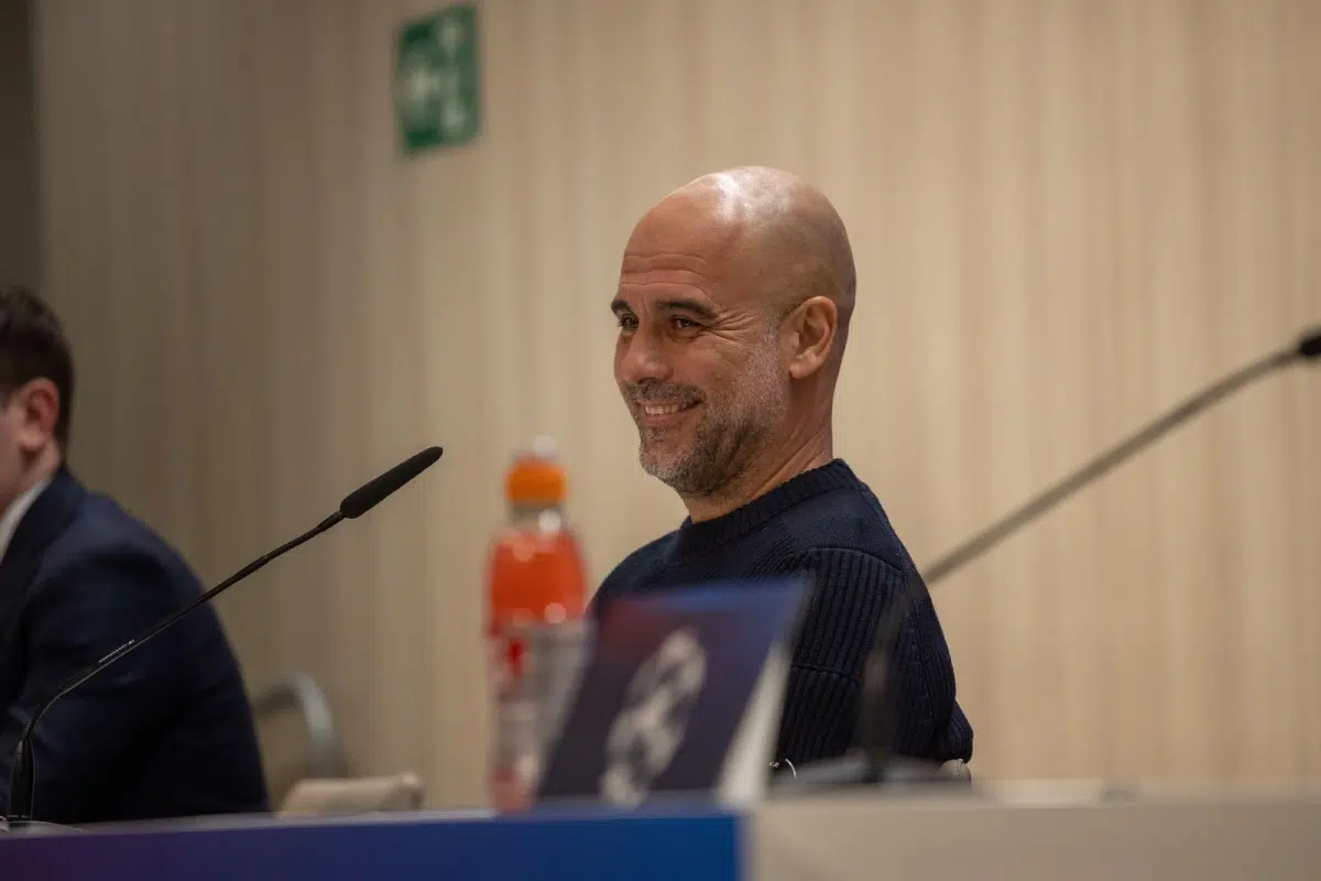 Pep Guardiola, coach of Manchester City during a press conference in Visitas of the UEFA Champions League match
