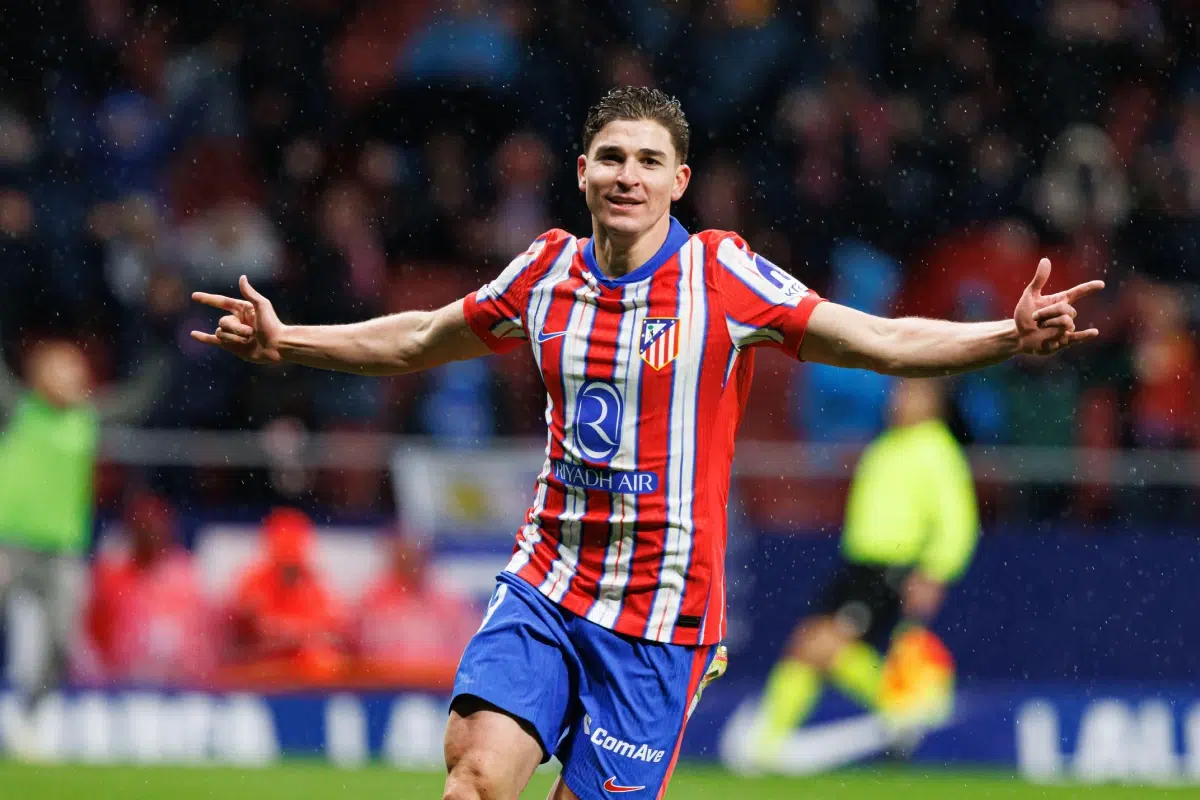 Julian Alvarez (Atletico de Madrid) seen celebrating after scoring goal during LaLiga EASPORTS game, 2025