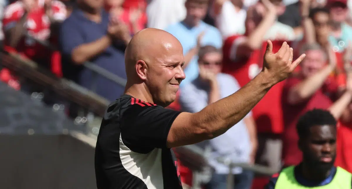 Liverpool manager Arne Slot in action during The FA Community Shield match between Crystal Palace against Liverpool at Wembley stadium