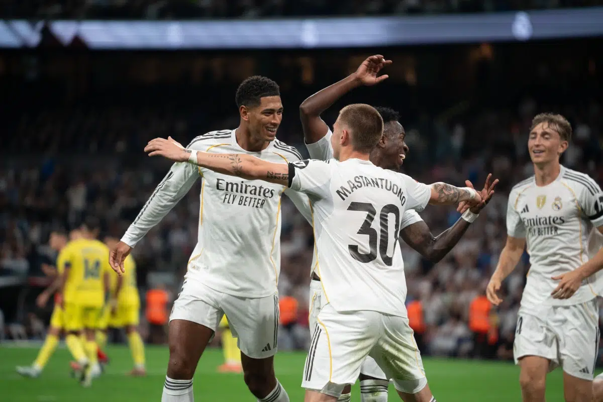 Jude Bellingham and Mastantuono celebrating during the LaLiga match, 2025
